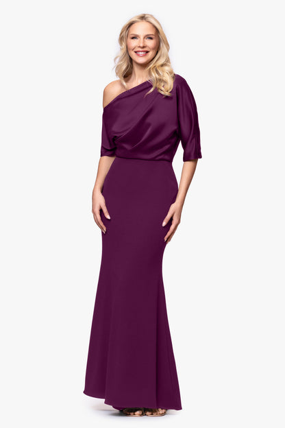 Betsy & Adam "Ana" Scuba Crepe & Satin Drop Shoulder Dress - Plum