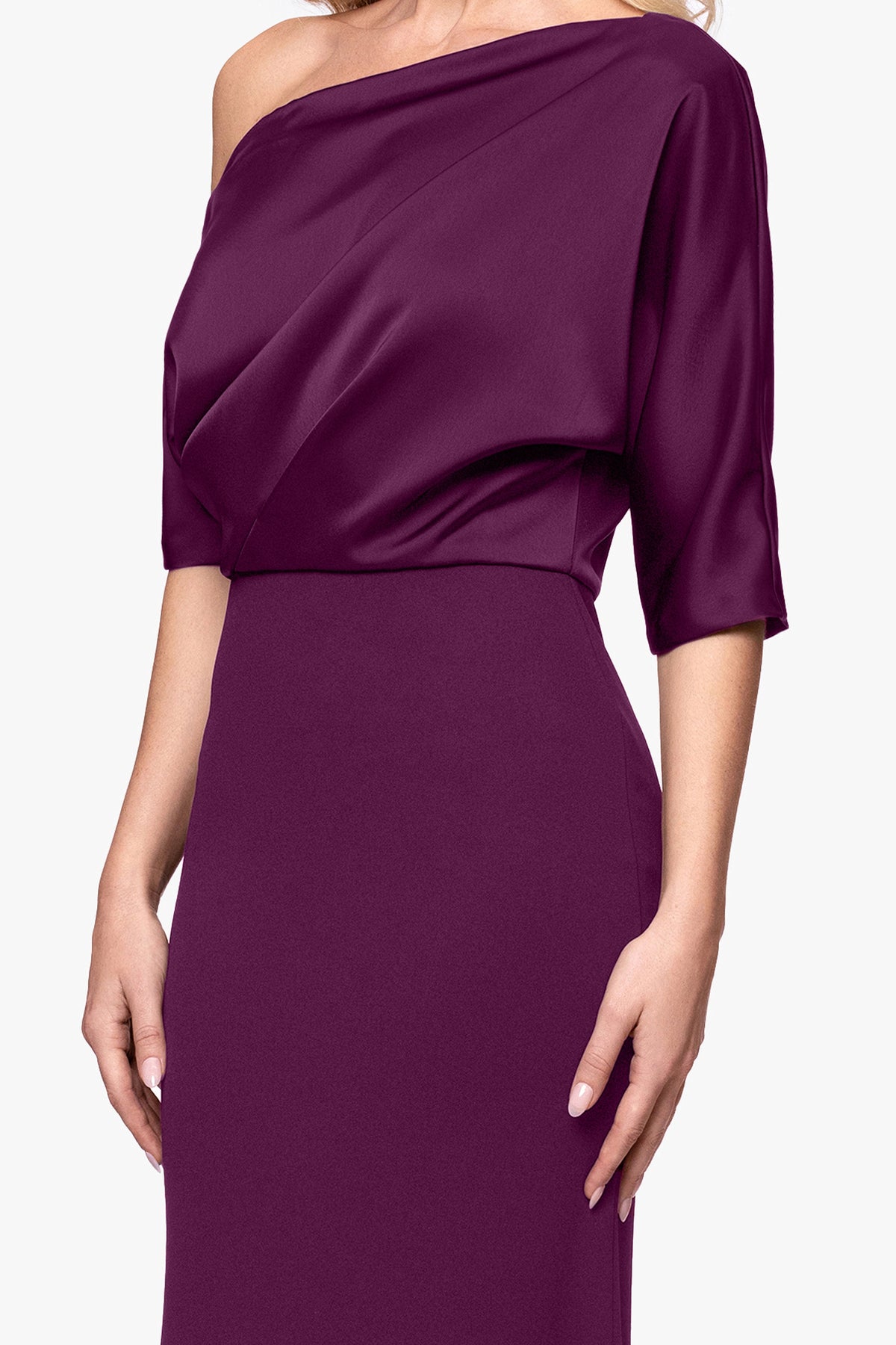 Betsy & Adam "Ana" Scuba Crepe & Satin Drop Shoulder Dress - Plum