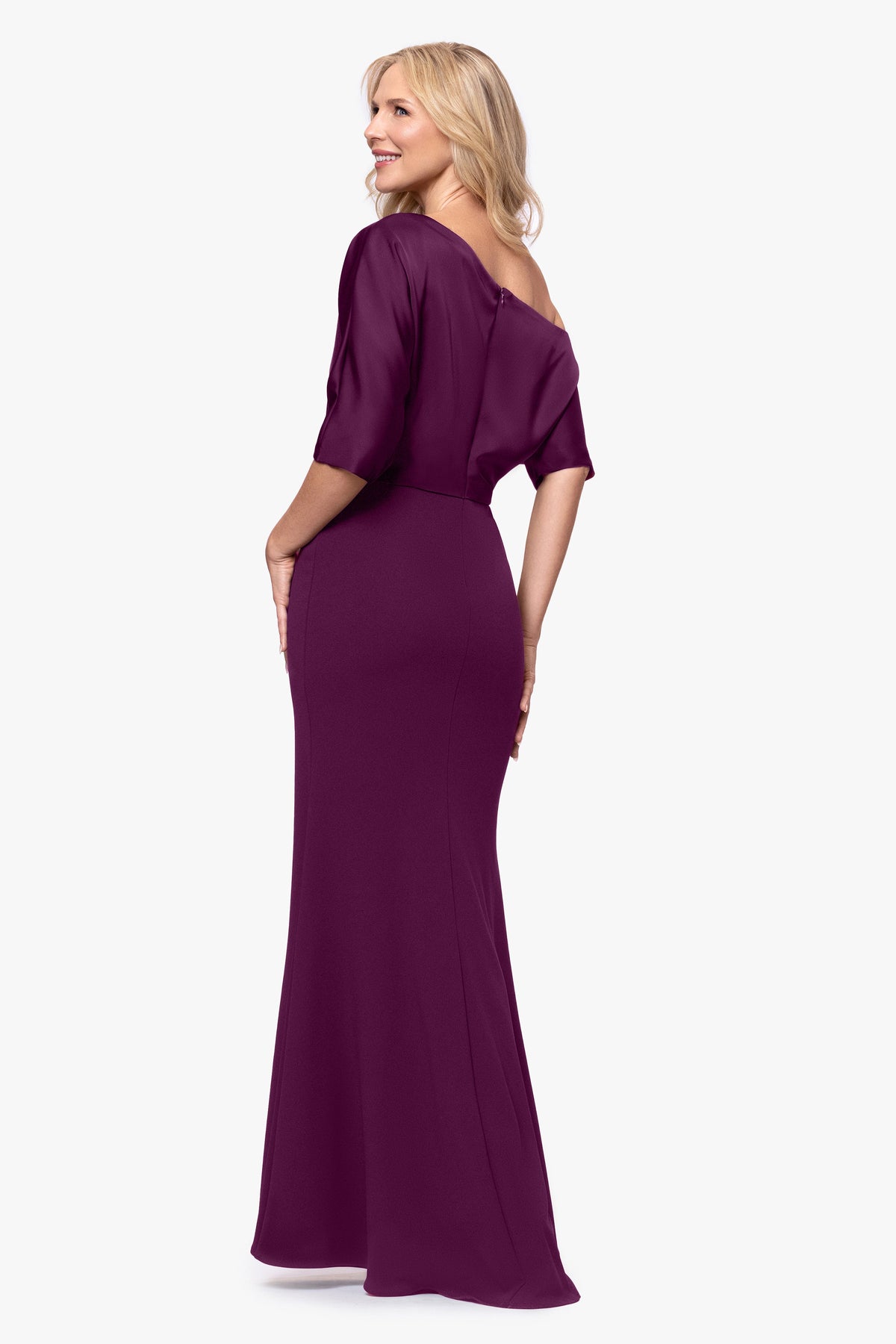 Betsy & Adam "Ana" Scuba Crepe & Satin Drop Shoulder Dress - Plum