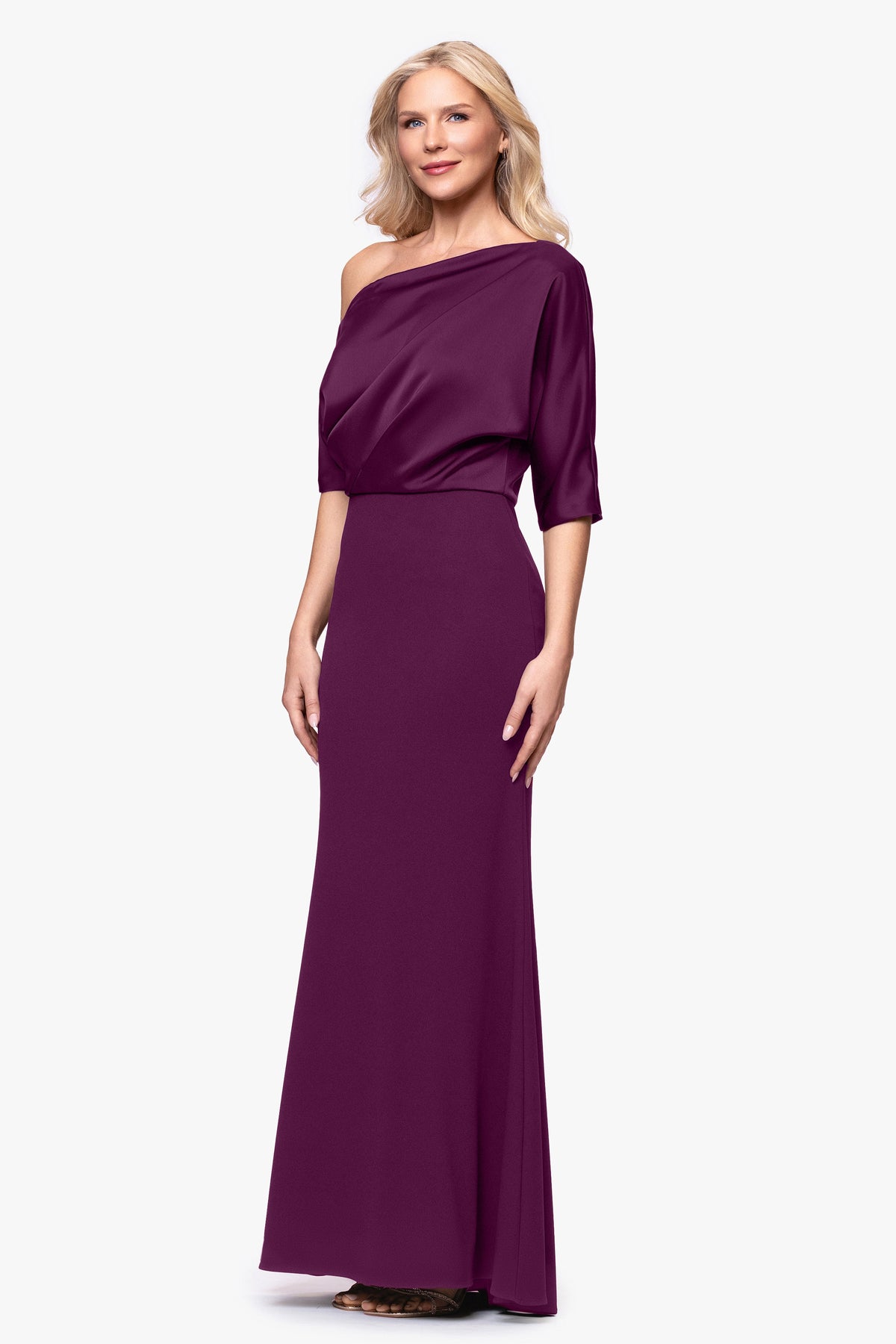 Betsy & Adam "Ana" Scuba Crepe & Satin Drop Shoulder Dress - Plum