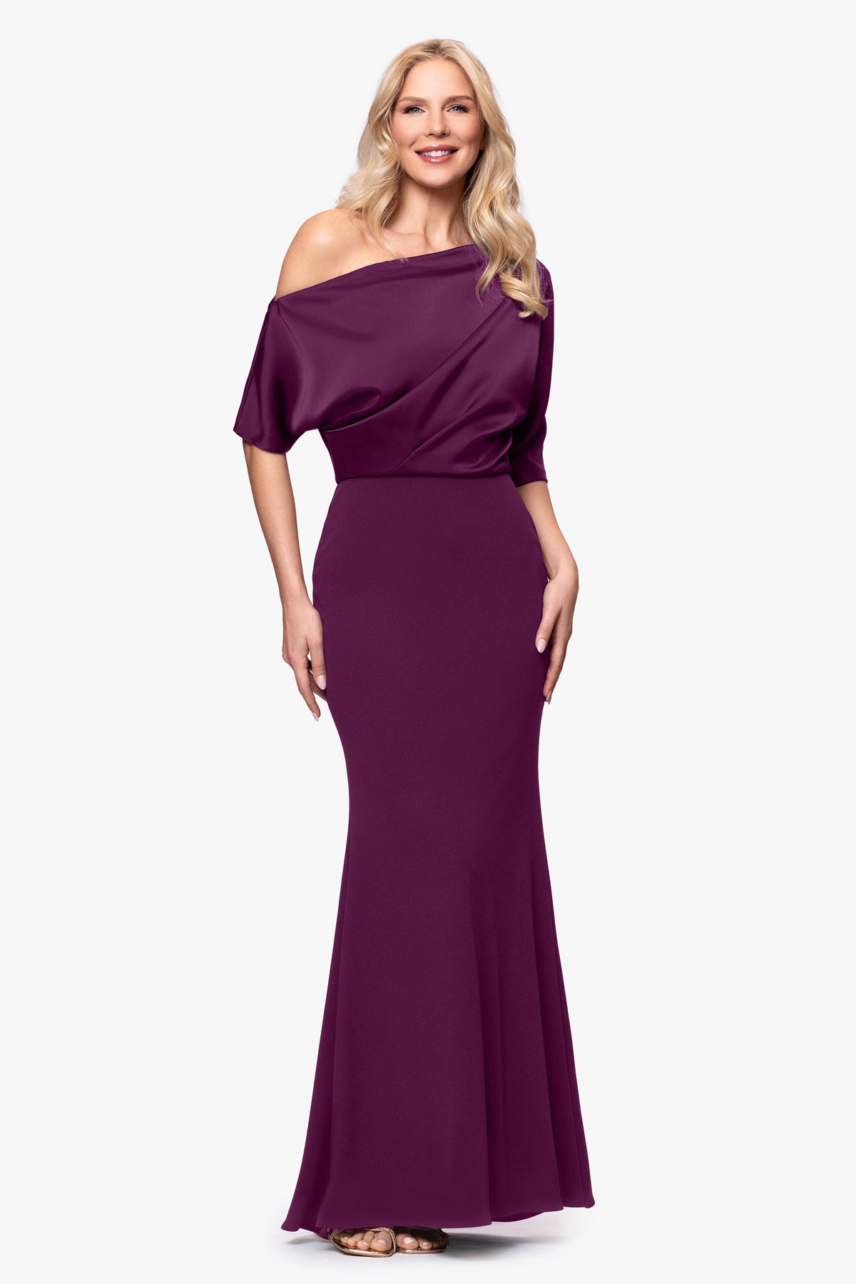 Betsy & Adam "Ana" Scuba Crepe & Satin Drop Shoulder Dress - Plum