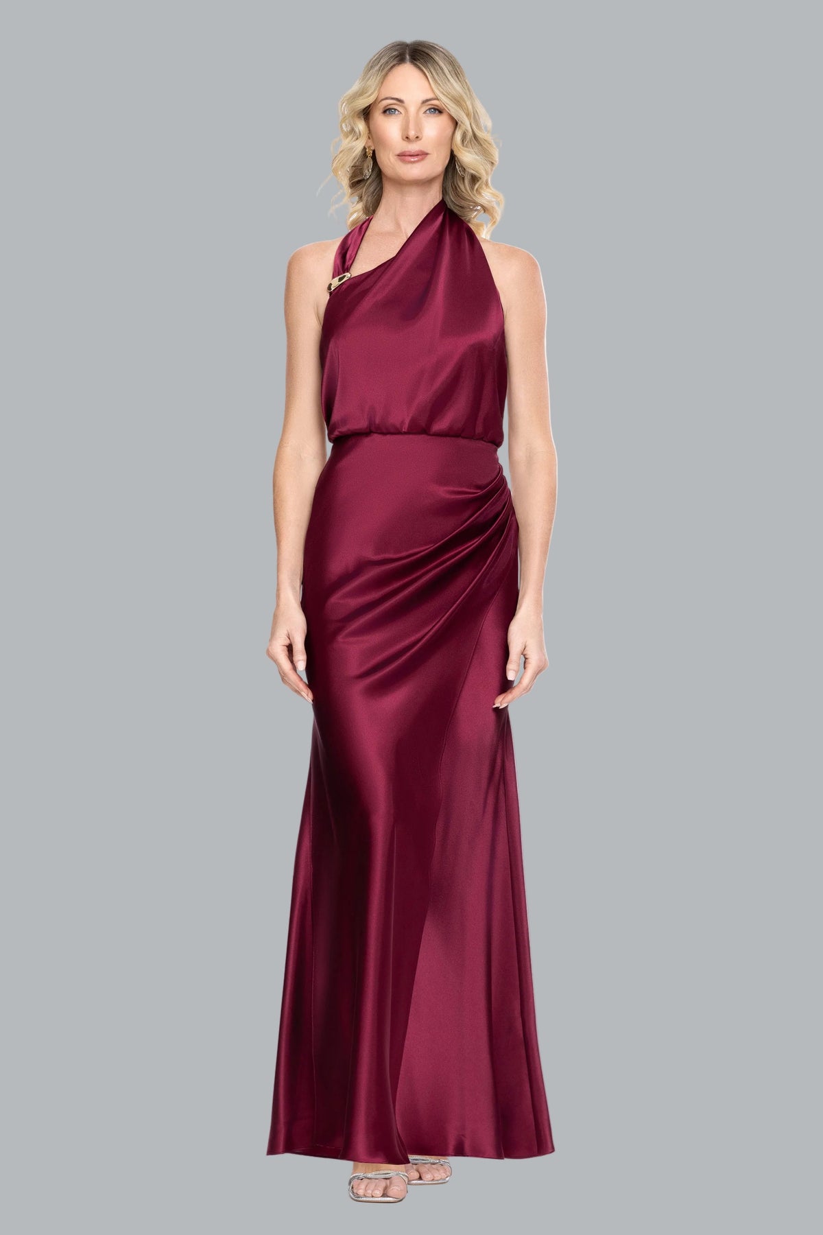 Betsy & Adam "Willow" Satin Halter Asymmetrical Dress - Burgundy