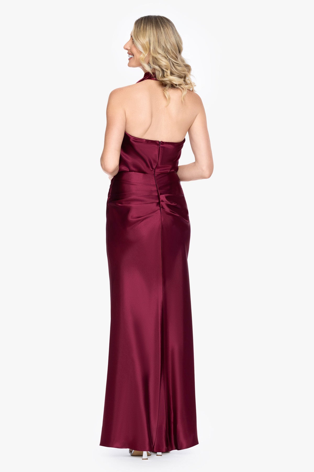 Betsy & Adam "Willow" Satin Halter Asymmetrical Dress - Burgundy