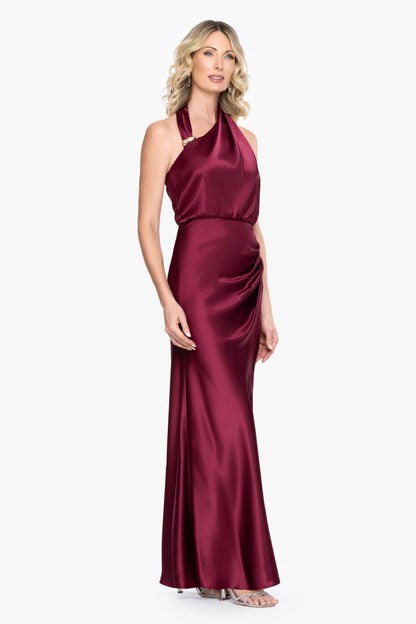 Betsy & Adam "Willow" Satin Halter Asymmetrical Dress - Burgundy