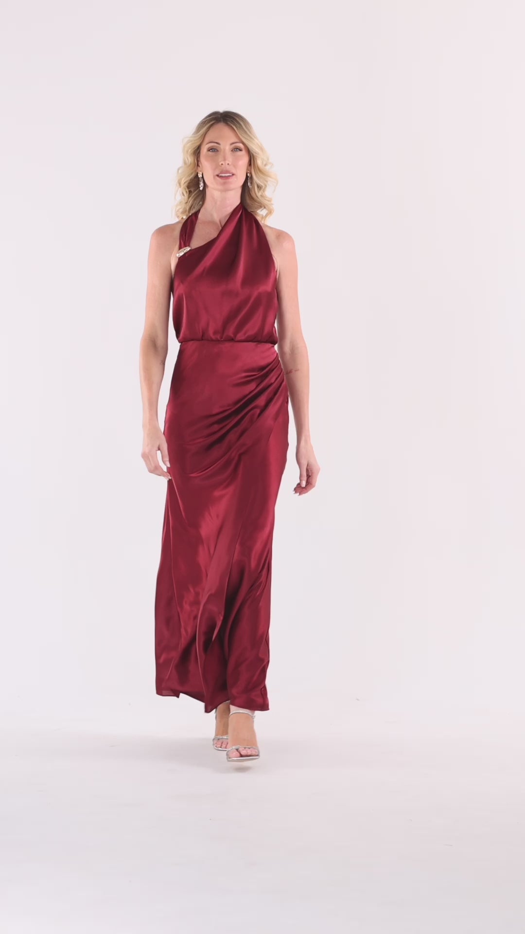 Betsy & Adam "Willow" Satin Halter Asymmetrical Dress - Burgundy
