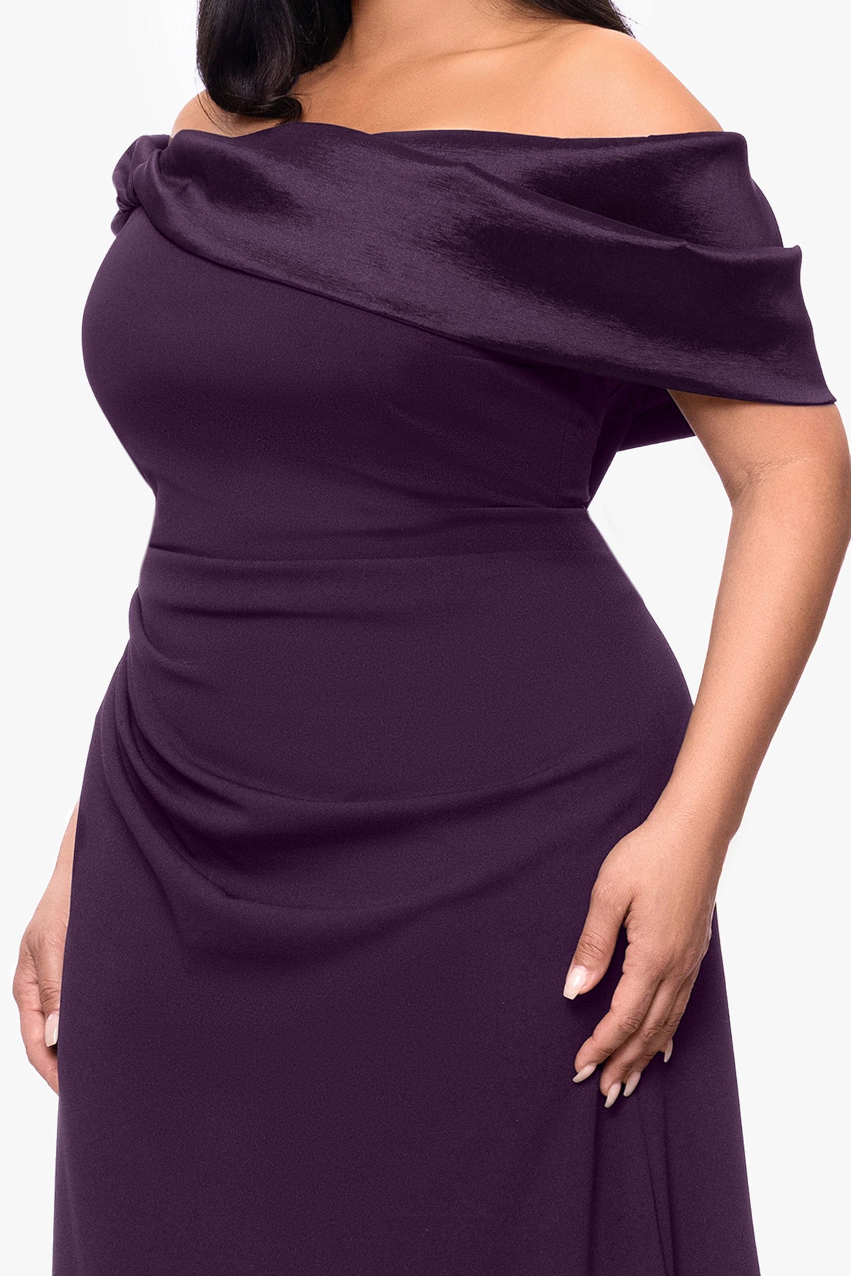 Betsy & Adam Plus "Monica" Scuba Crepe & Taffeta Trim Ruched Dress - Mulberry
