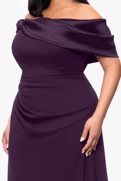 Betsy & Adam Plus "Monica" Scuba Crepe & Taffeta Trim Ruched Dress - Mulberry