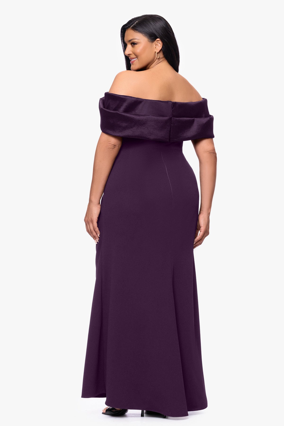 Betsy & Adam Plus "Monica" Scuba Crepe & Taffeta Trim Ruched Dress - Mulberry