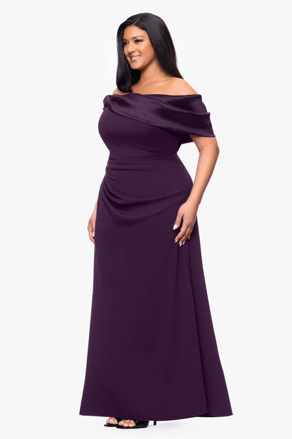 Betsy & Adam Plus "Monica" Scuba Crepe & Taffeta Trim Ruched Dress - Mulberry