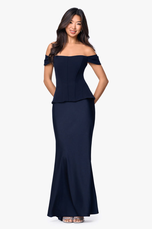 Betsy & Adam "Amber" Satin & Scuba Crepe Off Shoulder Dress - Navy