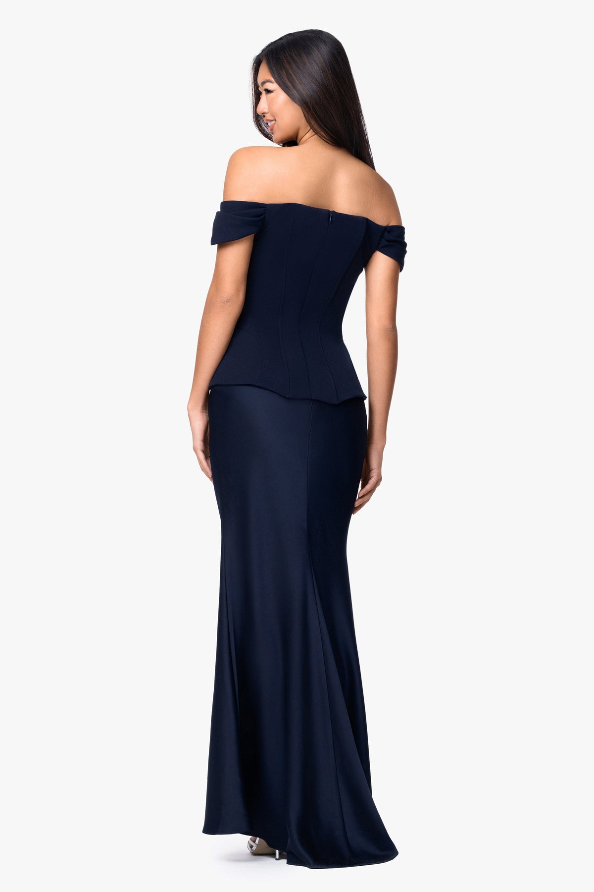 Betsy & Adam "Amber" Satin & Scuba Crepe Off Shoulder Dress - Navy