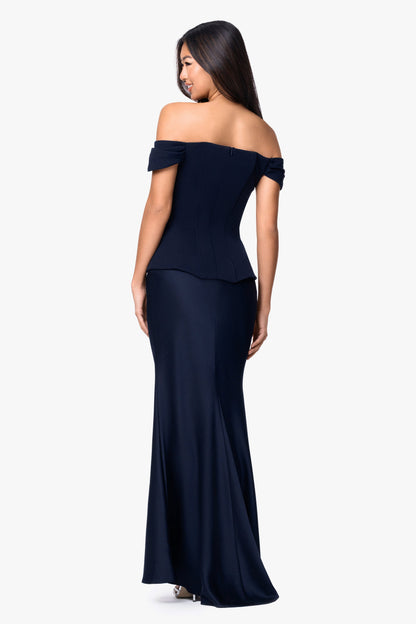 Betsy & Adam "Amber" Satin & Scuba Crepe Off Shoulder Dress - Navy