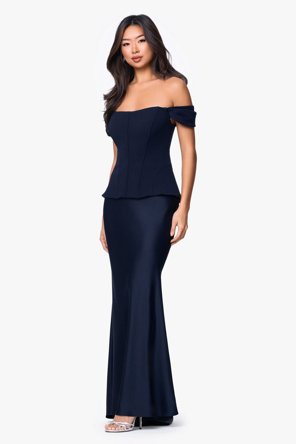Betsy & Adam "Amber" Satin & Scuba Crepe Off Shoulder Dress - Navy