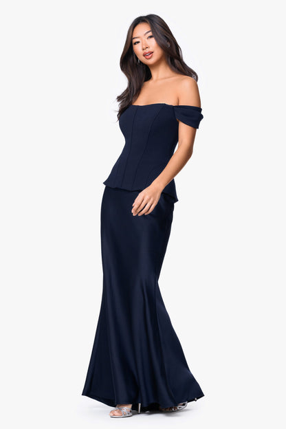 Betsy & Adam "Amber" Satin & Scuba Crepe Off Shoulder Dress - Navy
