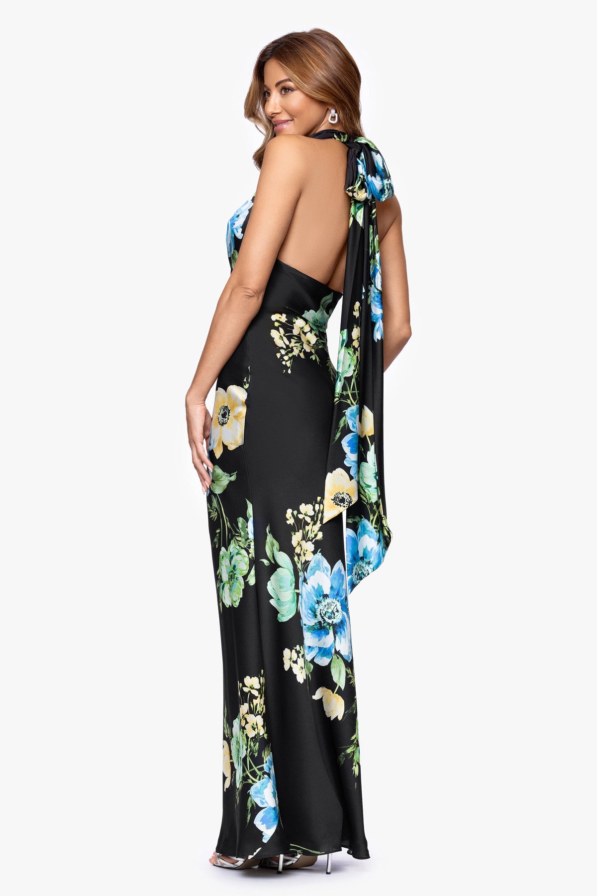 Betsy & Adam "Delaney" Printed Flower Satin Tie Neck Dress - Black/Multi