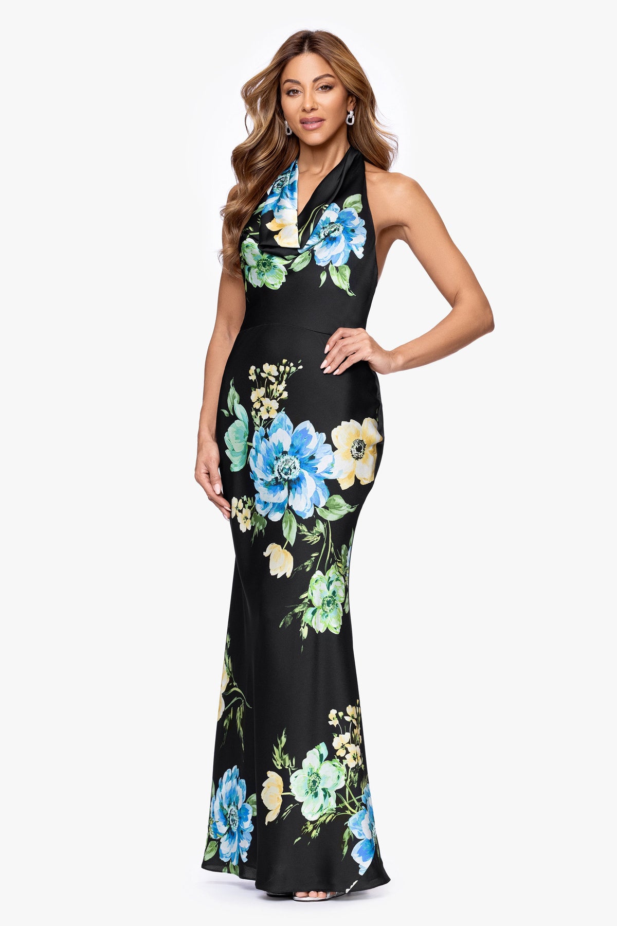 Betsy & Adam "Delaney" Printed Flower Satin Tie Neck Dress - Black/Multi