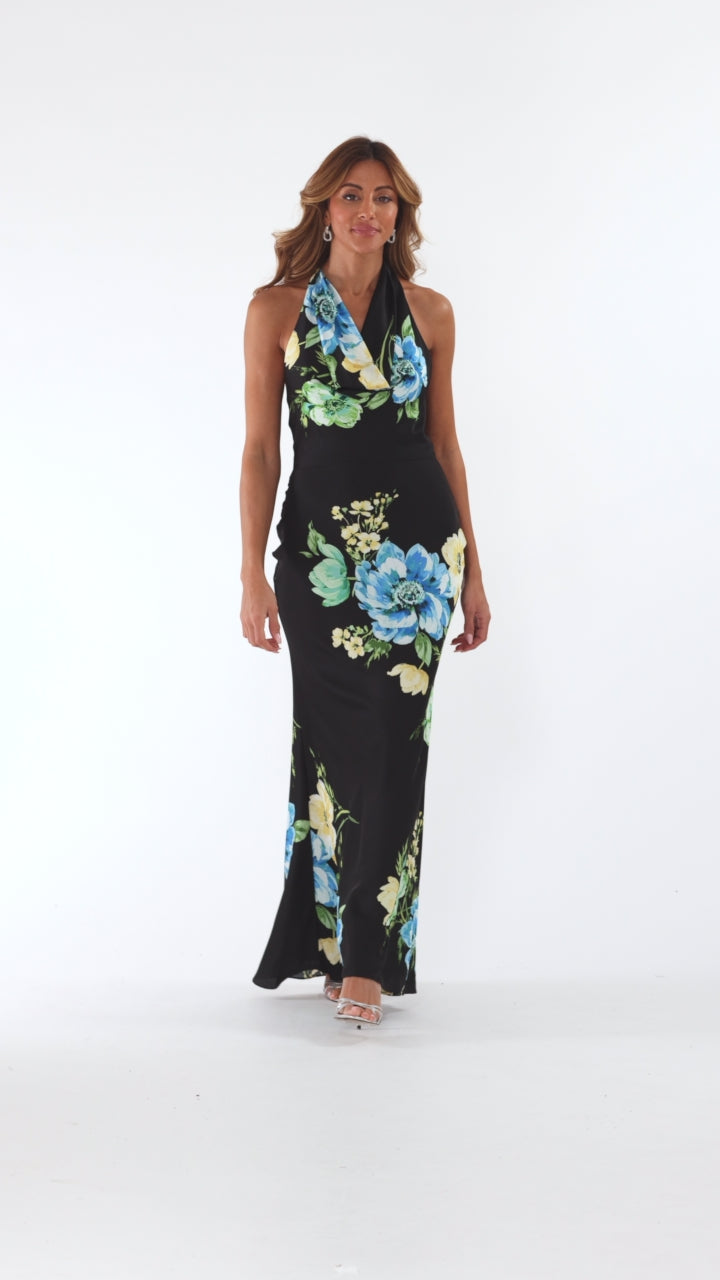 Betsy & Adam "Delaney" Printed Flower Satin Tie Neck Dress - Black/Multi