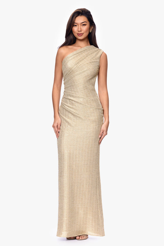 Betsy & Adam "Avril" Metallic One Shoulder Ruched Dress - Silver/Gold