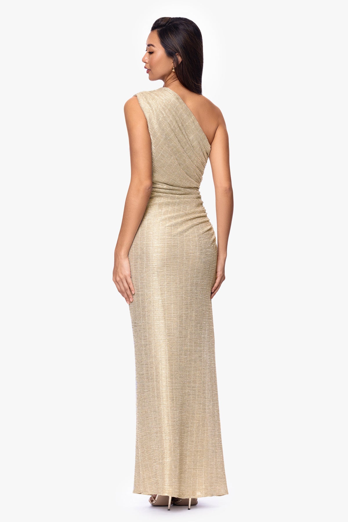 Betsy & Adam "Avril" Metallic One Shoulder Ruched Dress - Silver/Gold