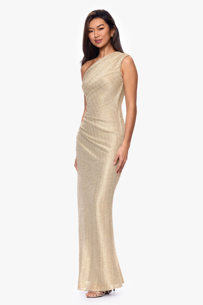 Betsy & Adam "Avril" Metallic One Shoulder Ruched Dress - Silver/Gold