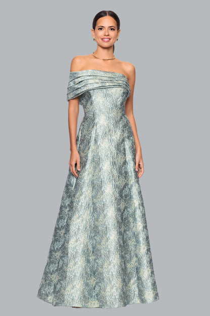 Betsy & Adam Petite "Judith" Brocade One Shoulder A-Line Dress - Sage/Ivory