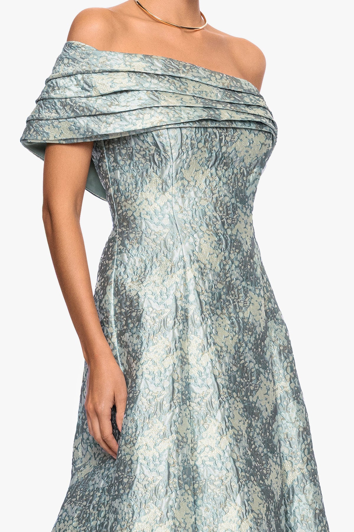 Betsy & Adam Petite "Judith" Brocade One Shoulder A-Line Dress - Sage/Ivory