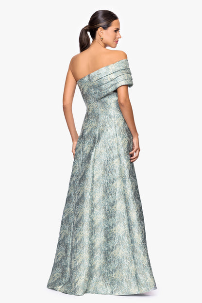 Betsy & Adam Petite "Judith" Brocade One Shoulder A-Line Dress - Sage/Ivory