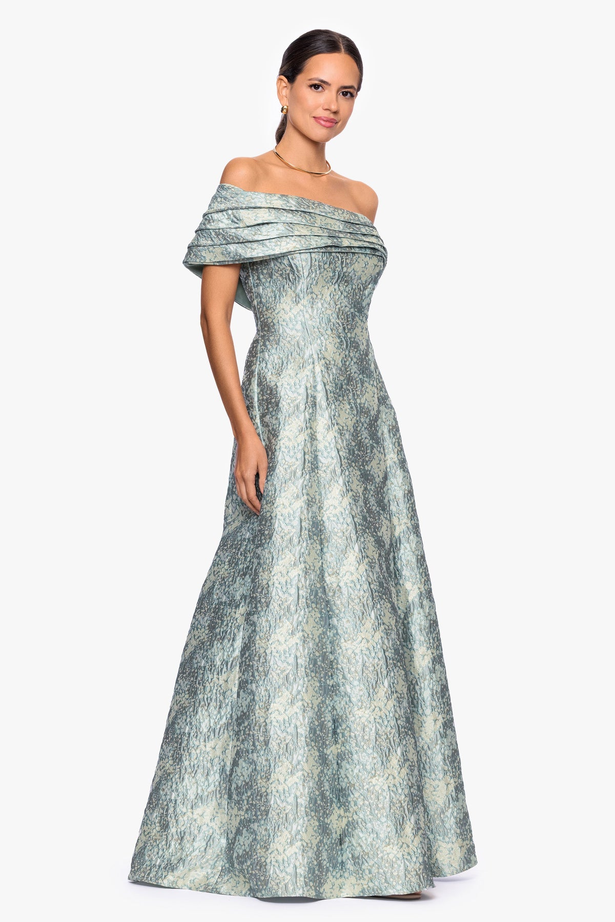 Betsy & Adam Petite "Judith" Brocade One Shoulder A-Line Dress - Sage/Ivory