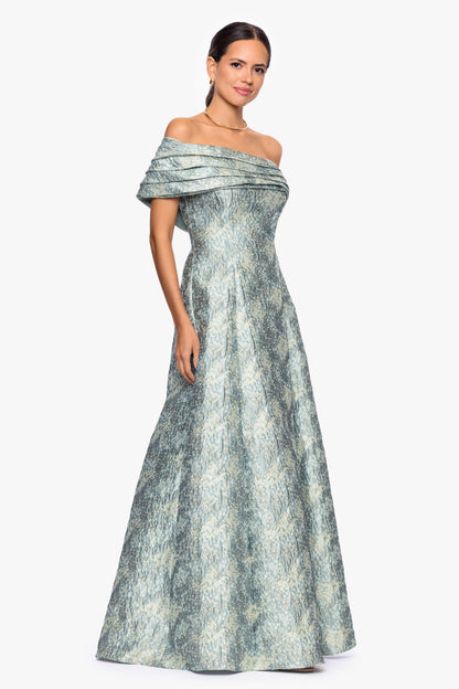 Betsy & Adam Petite "Judith" Brocade One Shoulder A-Line Dress - Sage/Ivory