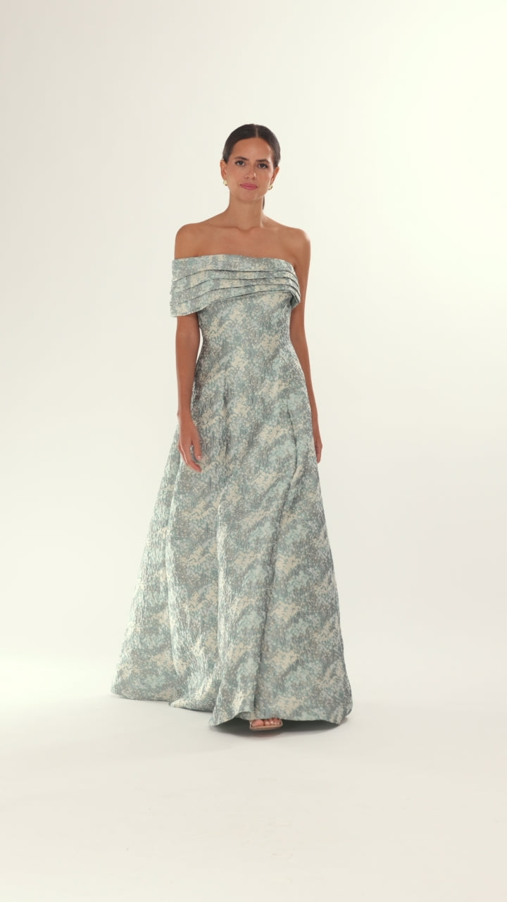Betsy & Adam Petite "Judith" Brocade One Shoulder A-Line Dress - Sage/Ivory