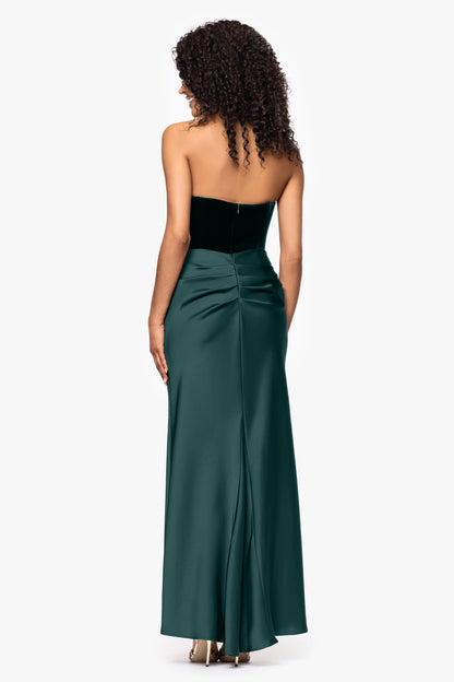 Betsy & Adam Petite "Lynn" Velvet & Satin Strapless Dress - Hunter