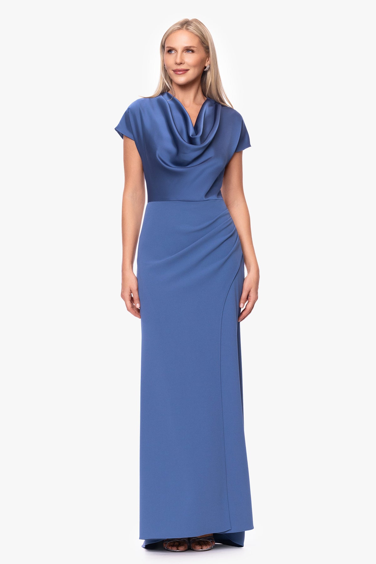 Betsy & Adam "Rinna" Scuba Crepe & Satin Cowl Neck Dress - Slate