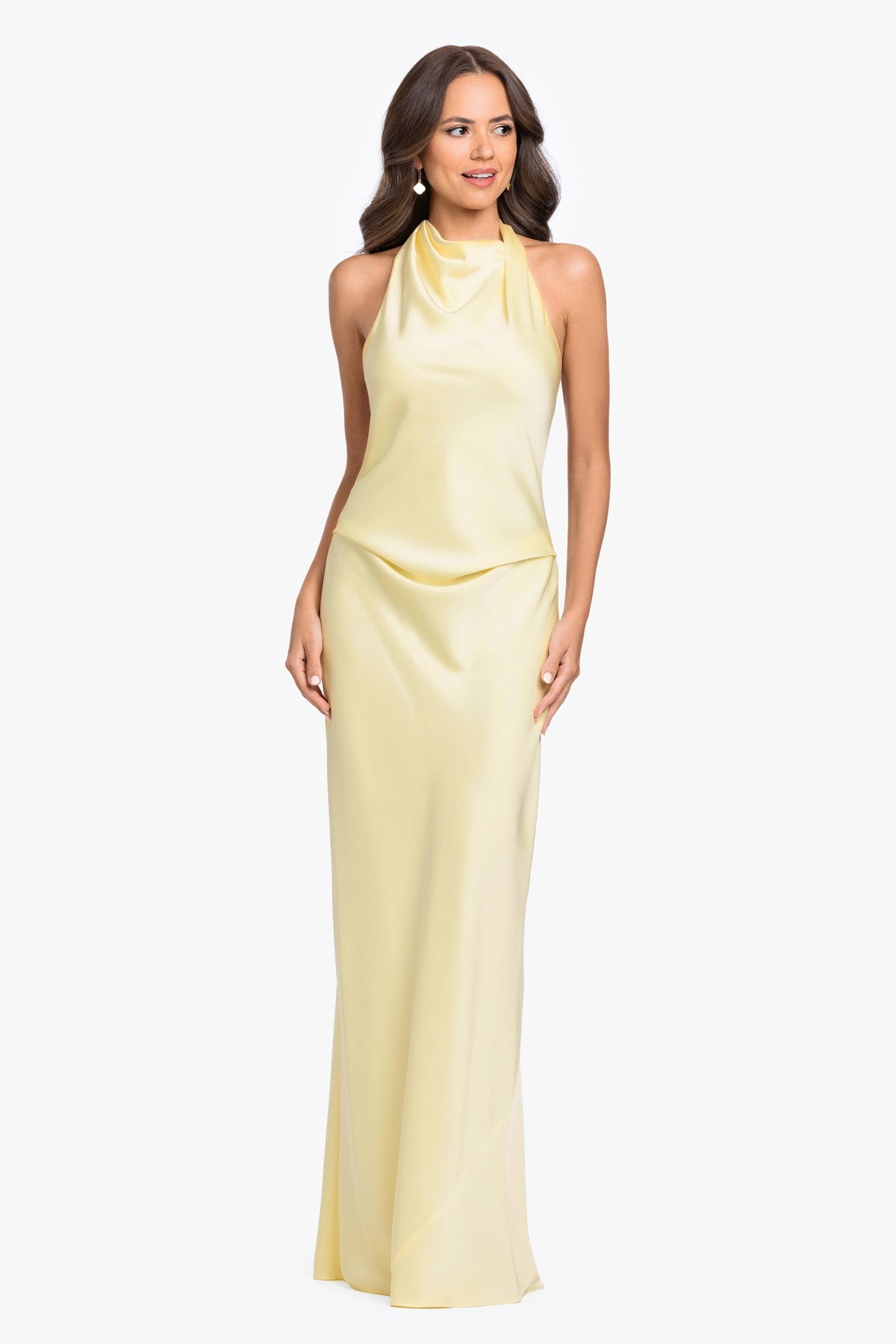 Betsy & Adam "Amina" Satin Halter Dress - Butter