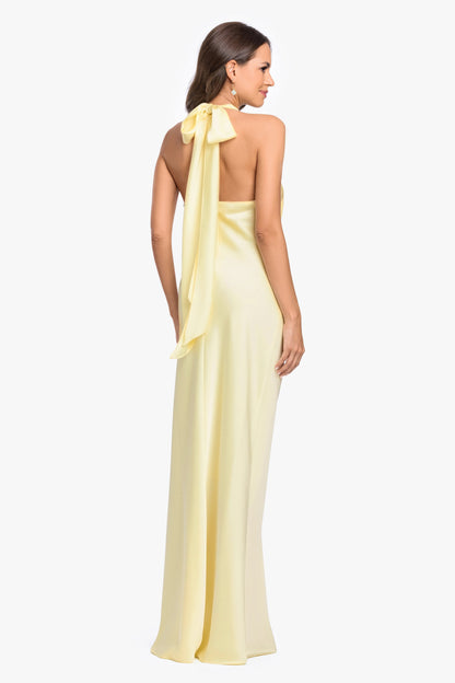 Betsy & Adam "Amina" Satin Halter Dress - Butter