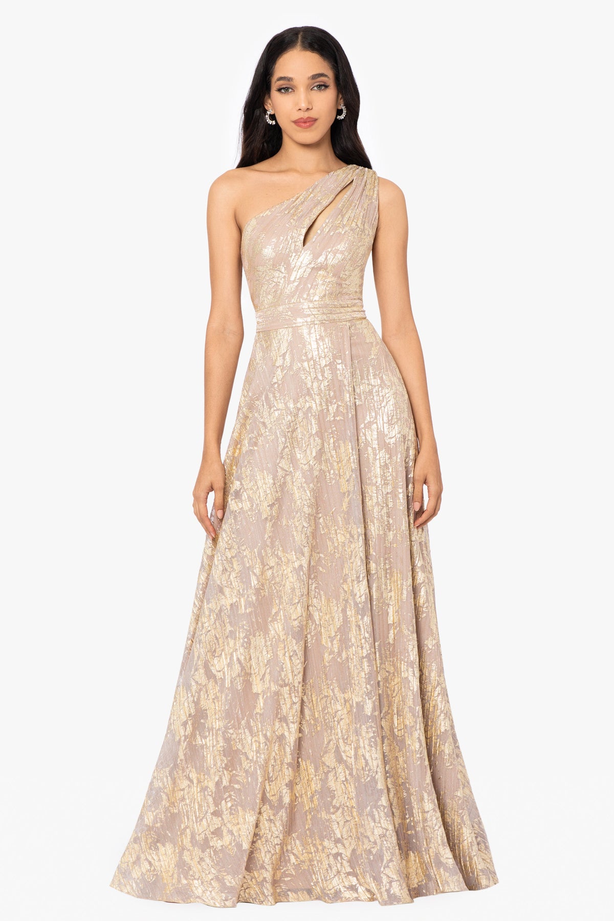 Betsy & Adam "Zayna" Metallic Knit One Shoulder Keyhole Dress - White/Pink/Gold