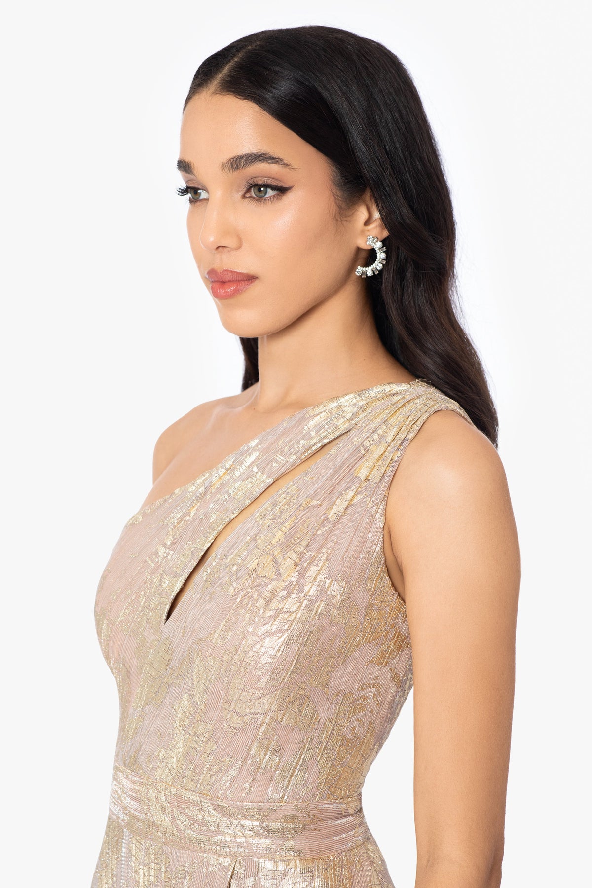Betsy & Adam "Zayna" Metallic Knit One Shoulder Keyhole Dress - White/Pink/Gold