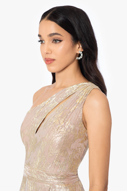 Betsy & Adam "Zayna" Metallic Knit One Shoulder Keyhole Dress - White/Pink/Gold