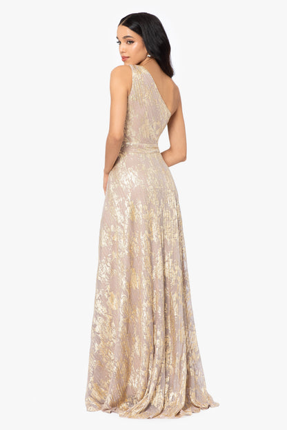 Betsy & Adam "Zayna" Metallic Knit One Shoulder Keyhole Dress - White/Pink/Gold