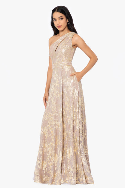 Betsy & Adam "Zayna" Metallic Knit One Shoulder Keyhole Dress - White/Pink/Gold