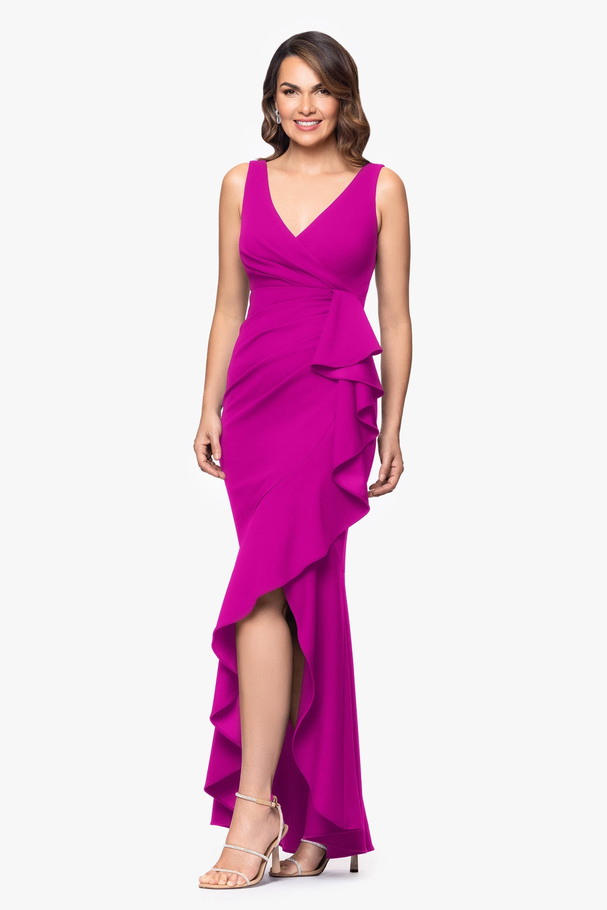 Betsy & Adam Petite "Candace" V-Neck Hi Low Cascade Dress - New Fuchsia