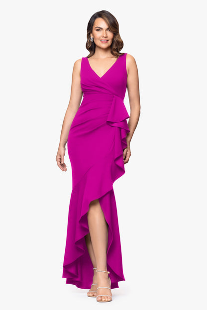 Betsy & Adam Petite "Candace" V-Neck Hi Low Cascade Dress - New Fuchsia