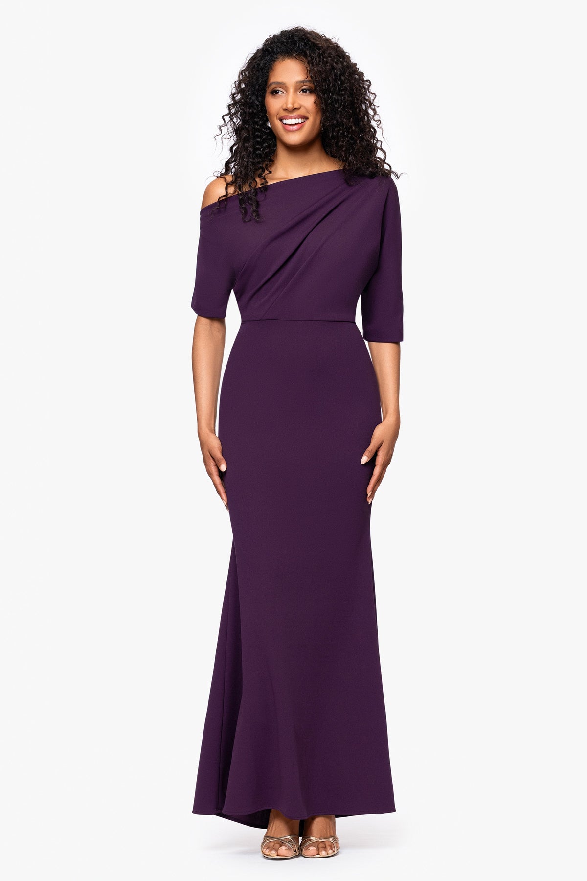 Betsy & Adam “Madeline” Scuba Crepe Off The Shoulder Dress - Mulberry
