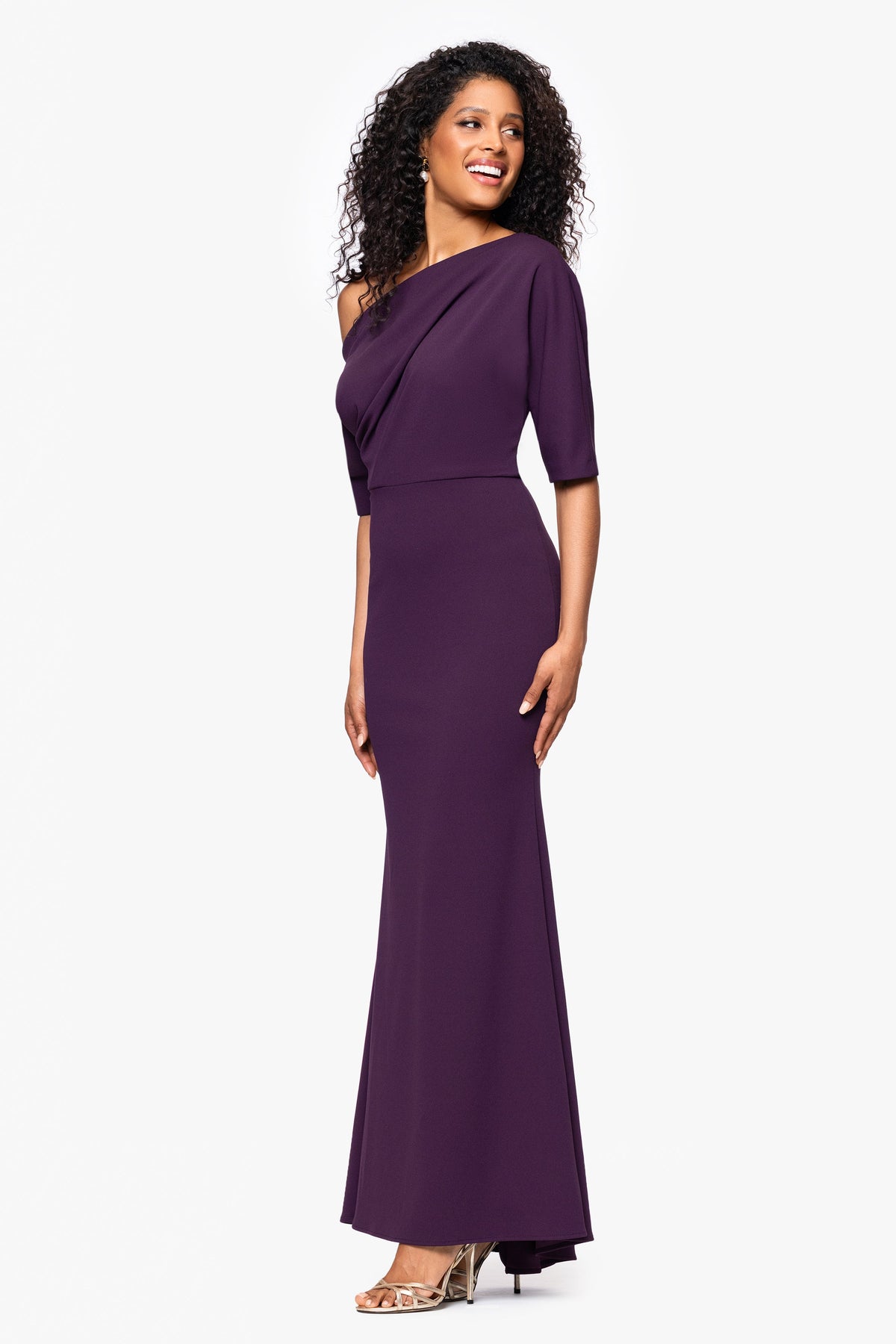 Betsy & Adam “Madeline” Scuba Crepe Off The Shoulder Dress - Mulberry