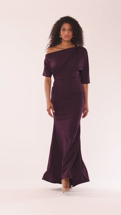 Betsy & Adam “Madeline” Scuba Crepe Off The Shoulder Dress - Mulberry