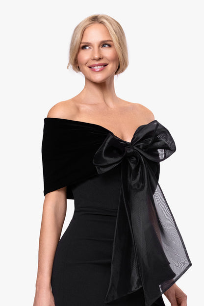Betsy & Adam "Georgina" Velvet and Organza Bow Shawl Wrap - Black