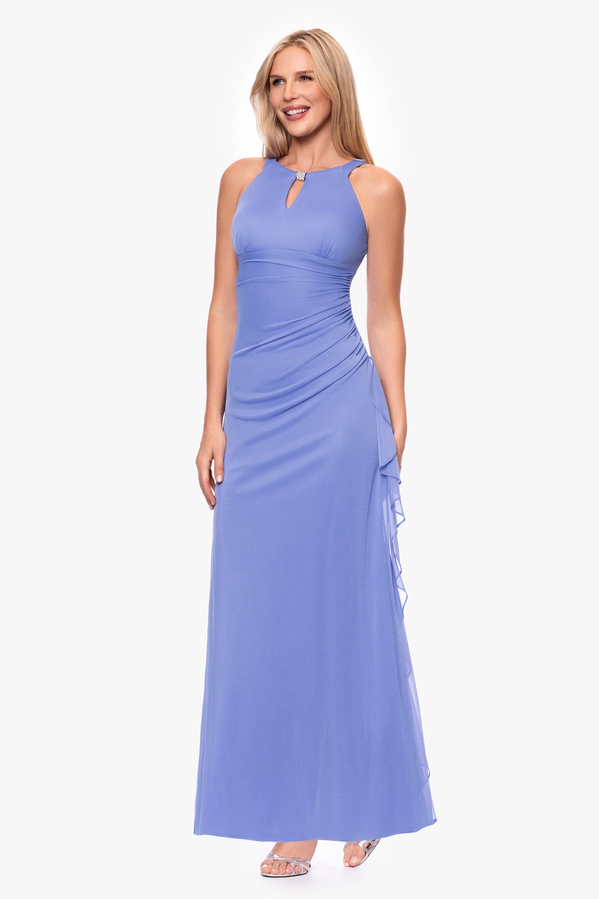 Betsy & Adam Petite “Petra” Sheer Matte Jersey Knit Key Hole Dress - Periwinkle