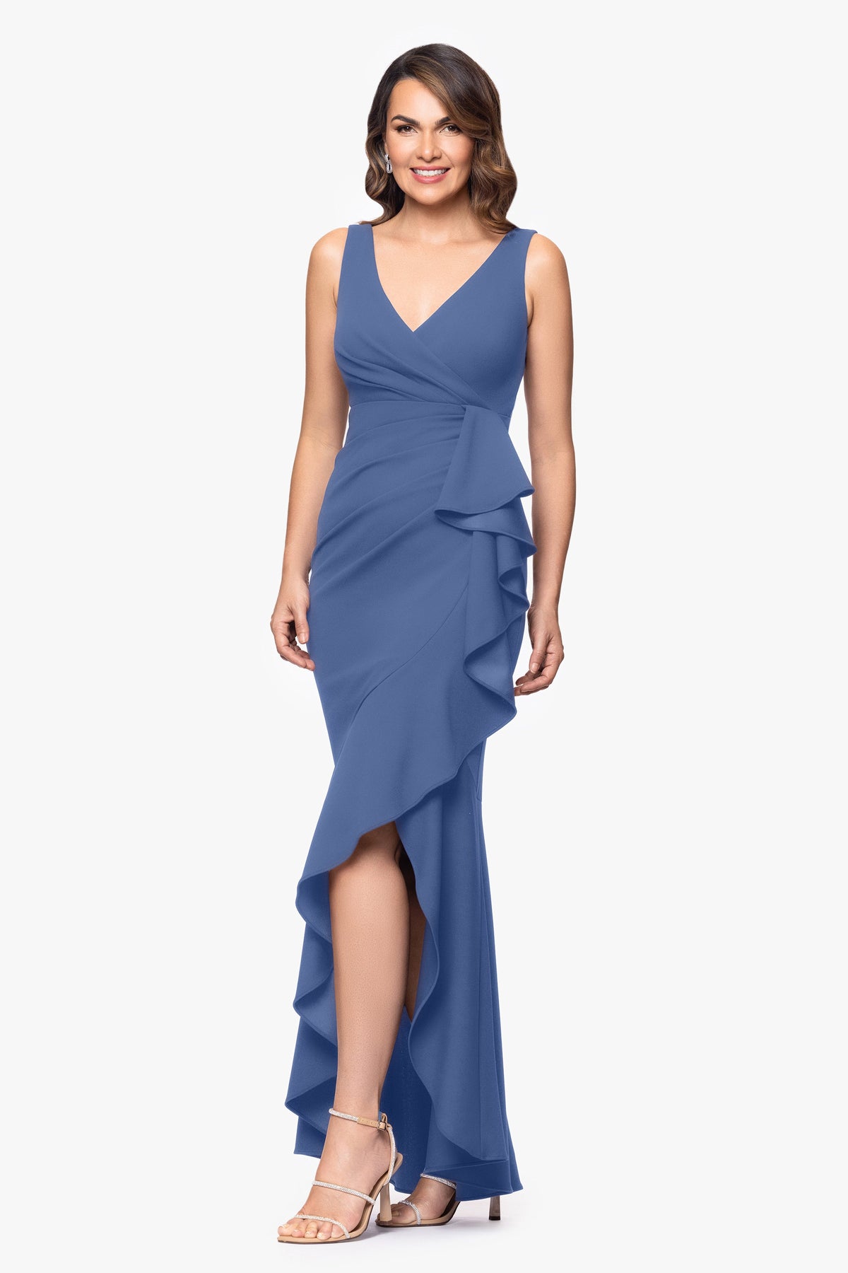 Betsy & Adam Petite "Candace" V-Neck Hi Low Cascade Dress - Slate
