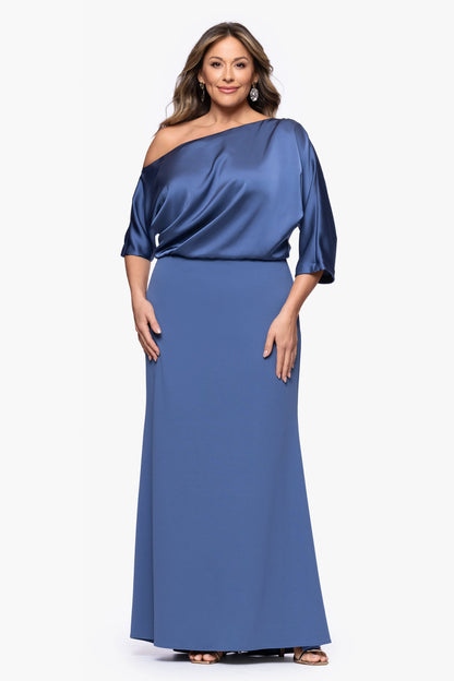 Betsy & Adam Plus "Ana" Scuba Crepe & Satin Drop Shoulder Dress - Slate