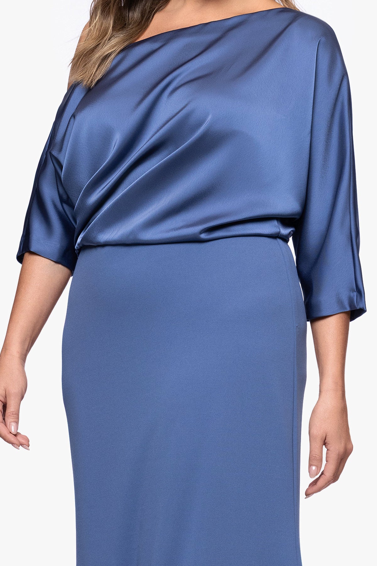 Betsy & Adam Plus "Ana" Scuba Crepe & Satin Drop Shoulder Dress - Slate