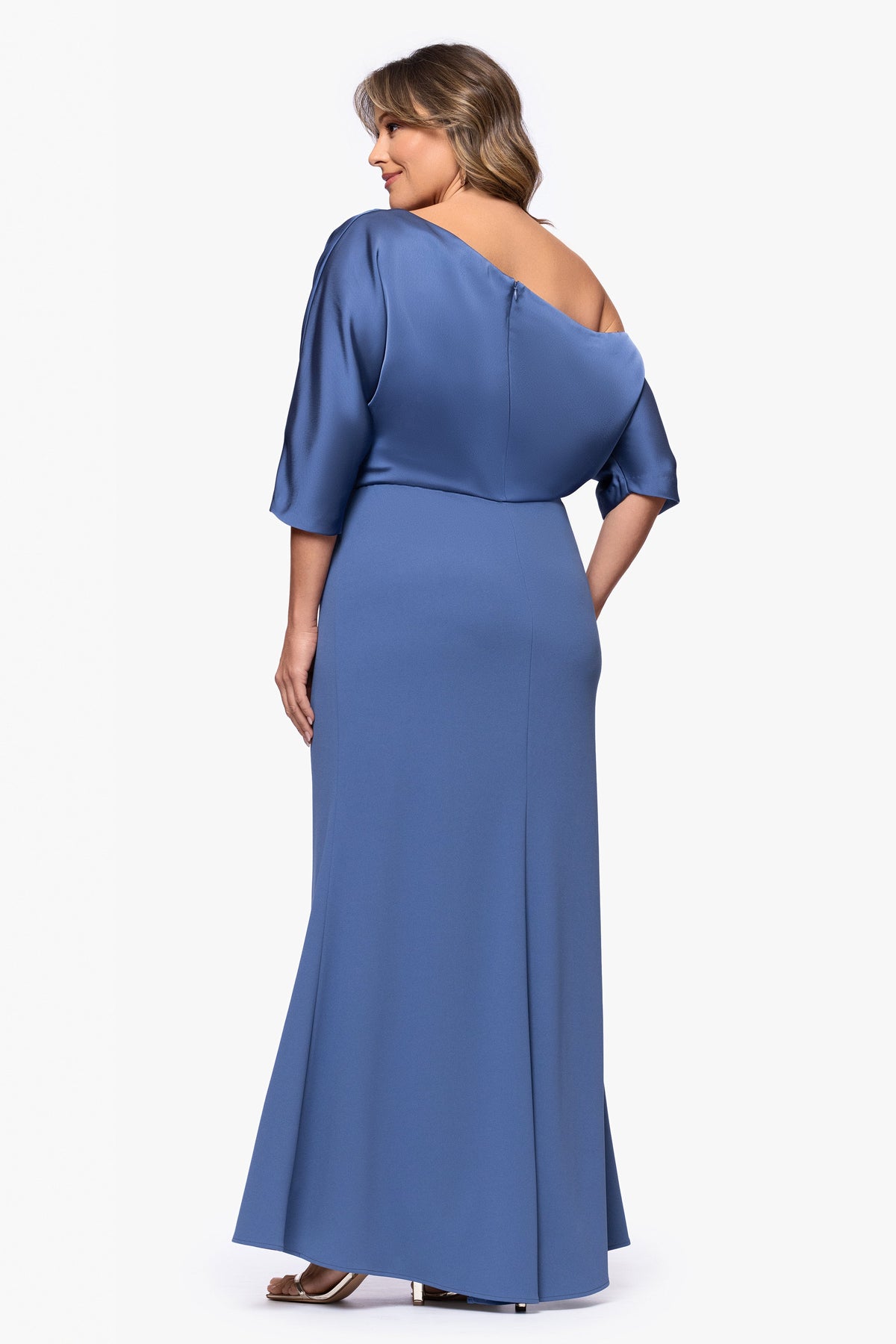 Betsy & Adam Plus "Ana" Scuba Crepe & Satin Drop Shoulder Dress - Slate